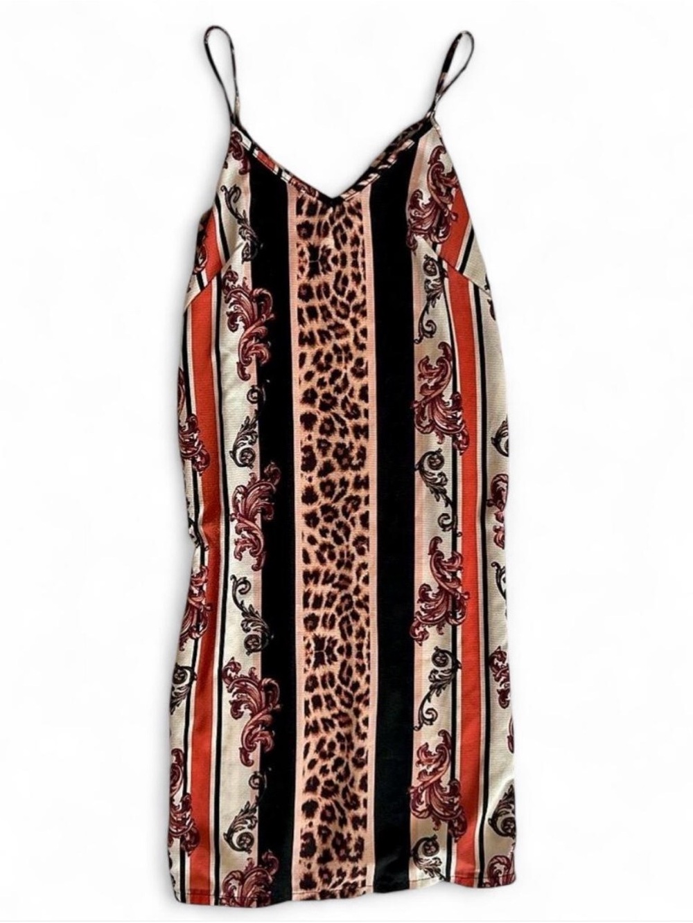 Boohoo Rust, Black and Cream Striped Leopard-Print Slip Dress